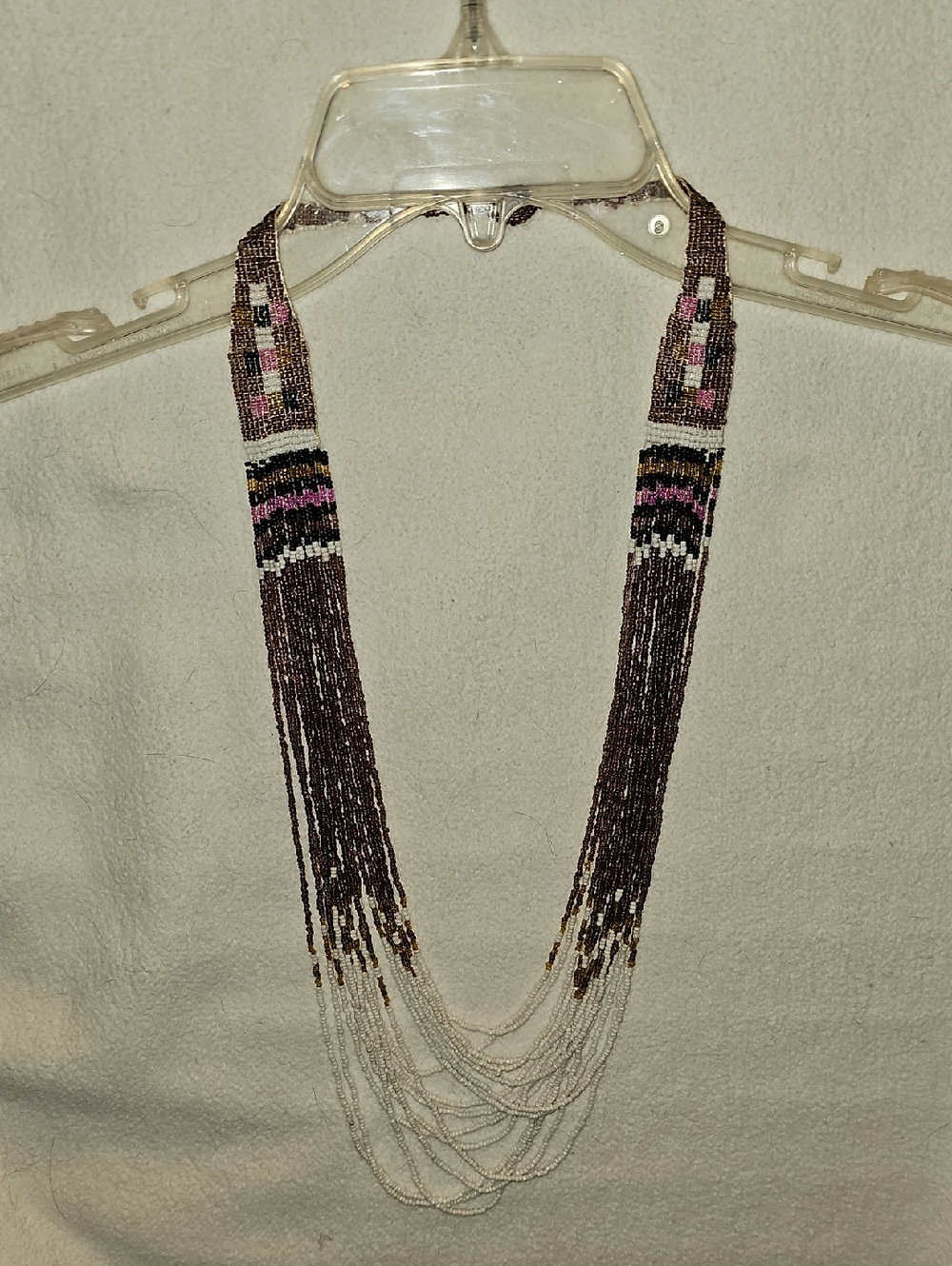 Multistrand Beaded Necklace Purple White Ponk Tan Black